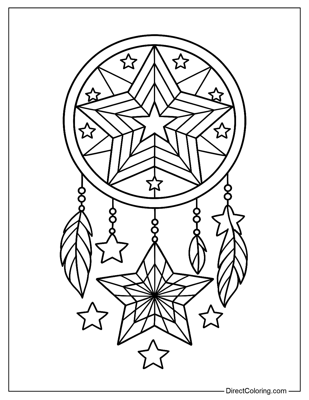A dreamcatcher coloring page with an intricate star grid